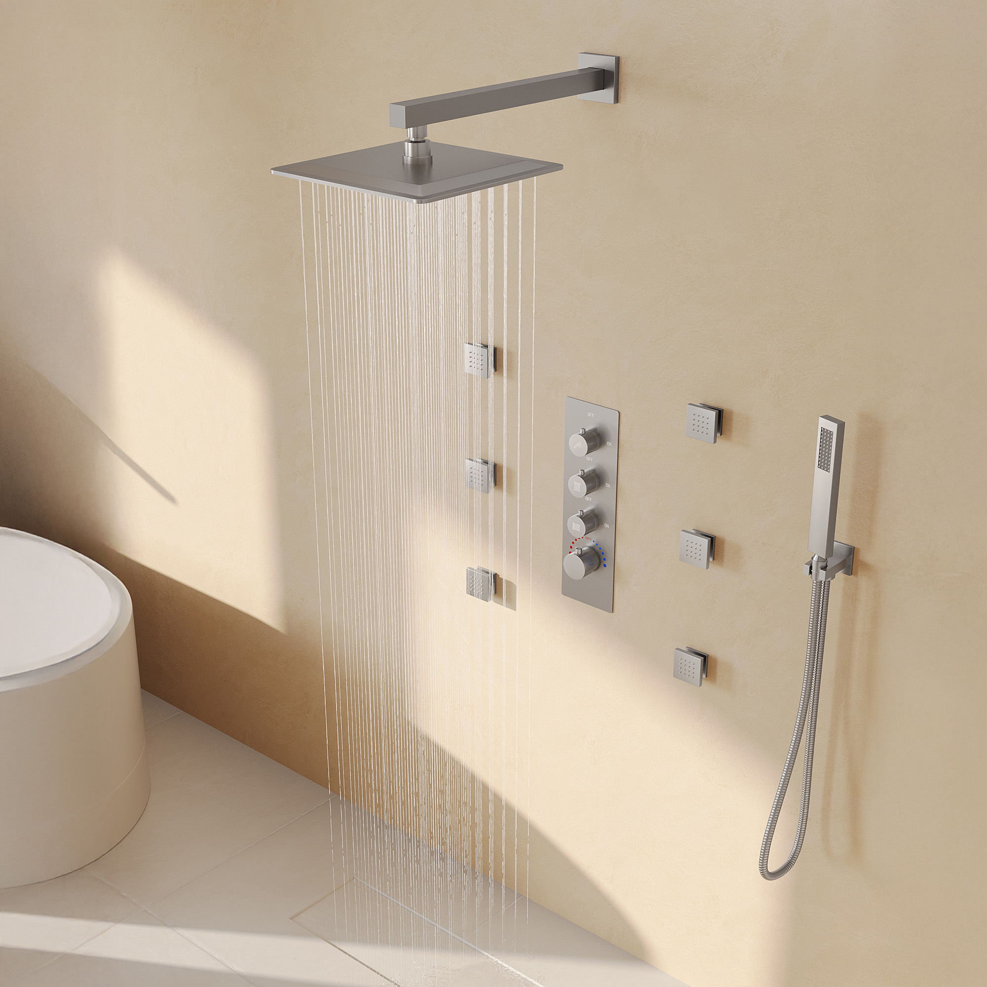 Shower System Thermostatic Rainfall 12 Inch Body Jets Handheld Brushed Nickel