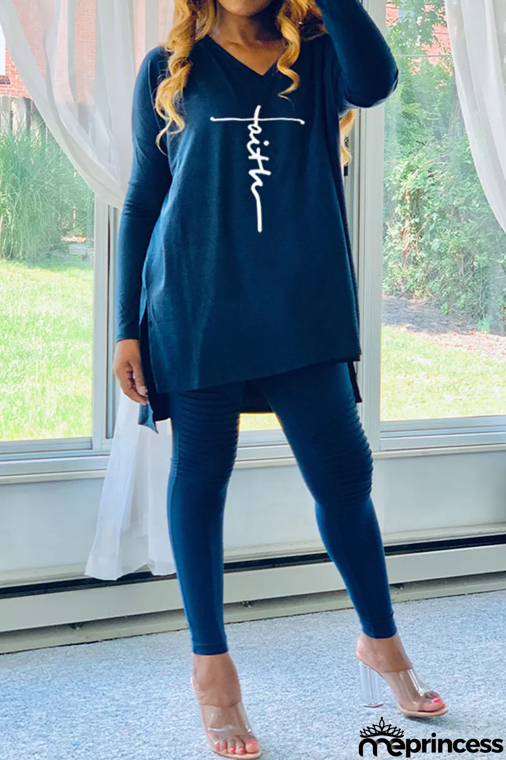 Yellow Casual Print Split Joint Asymmetrical V Neck Long Sleeve Two Pieces