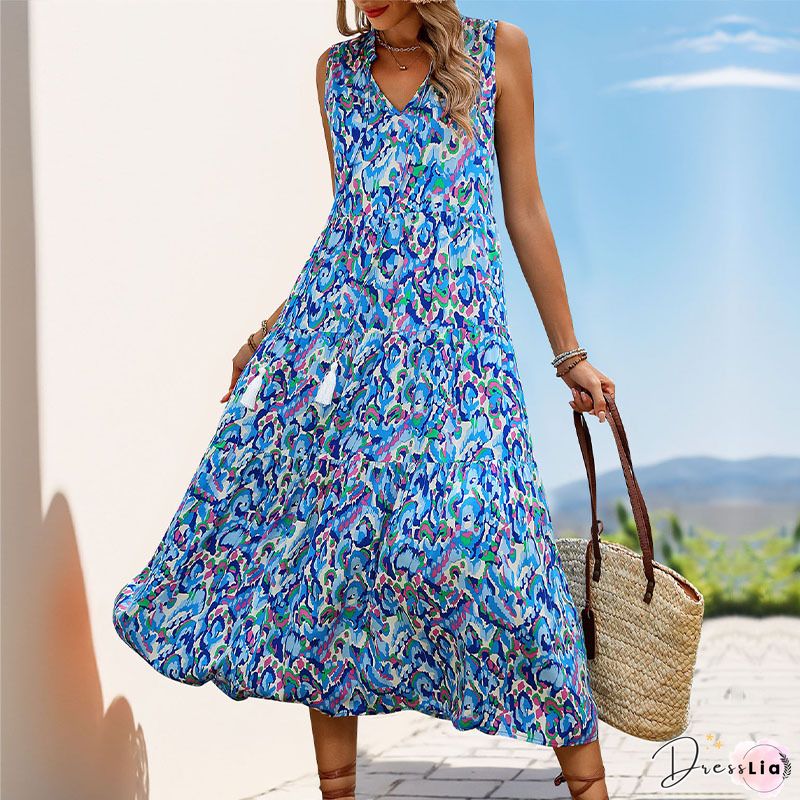 Bohemian V-Neck Printed Gathered Waist Midi Dress