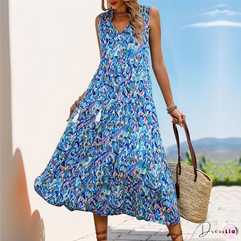 Bohemian V-Neck Printed Gathered Waist Midi Dress
