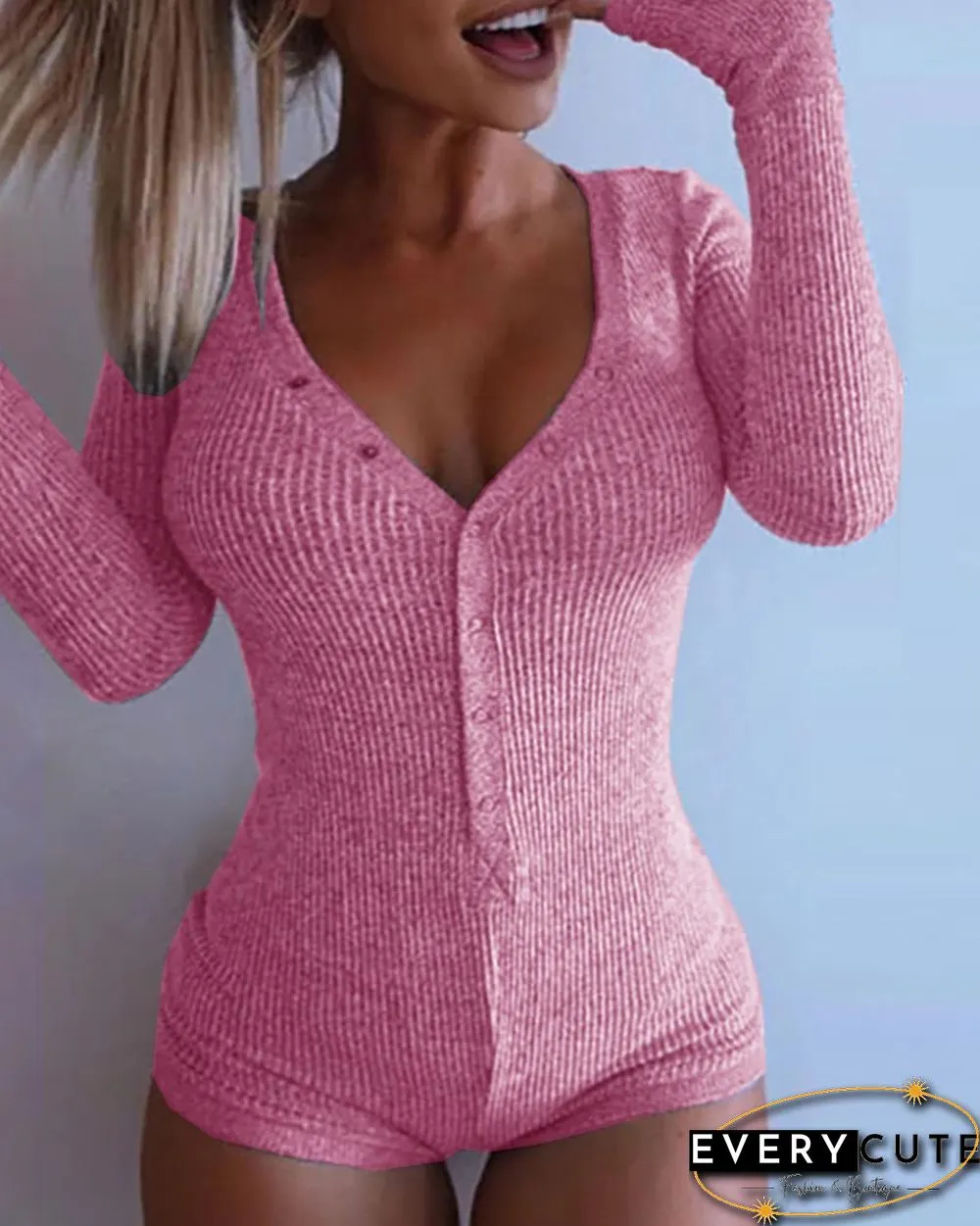 Plain Long Sleeve Button Design Lounge Romper