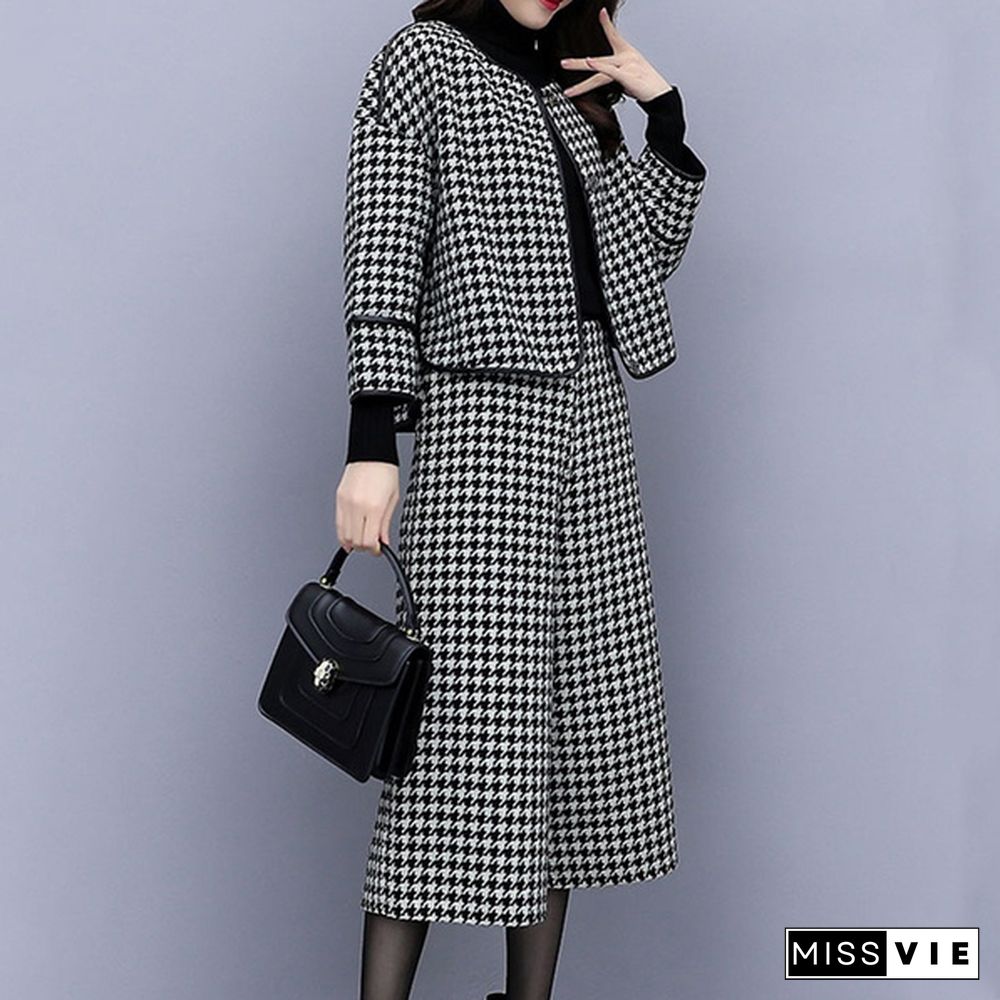 Autumn Winter Two Piece Sets Outfits Women Woolen Coat And Cropped Wide Leg Pants Suits Office Elegant Sets