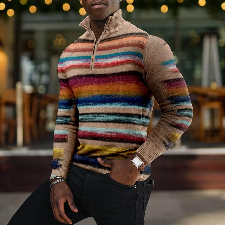 LONG-SLEEVED RETRO CONTRAST STRIPED MEN'S HIGH-NECK ZIPPER TOP