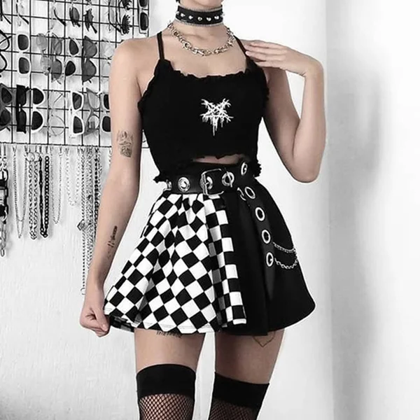 Women Patchwork Checkerboard Pleated Skirts Summer Preppy Style High Waist Mini Skirt Punk Gothic Streetwear Outfits