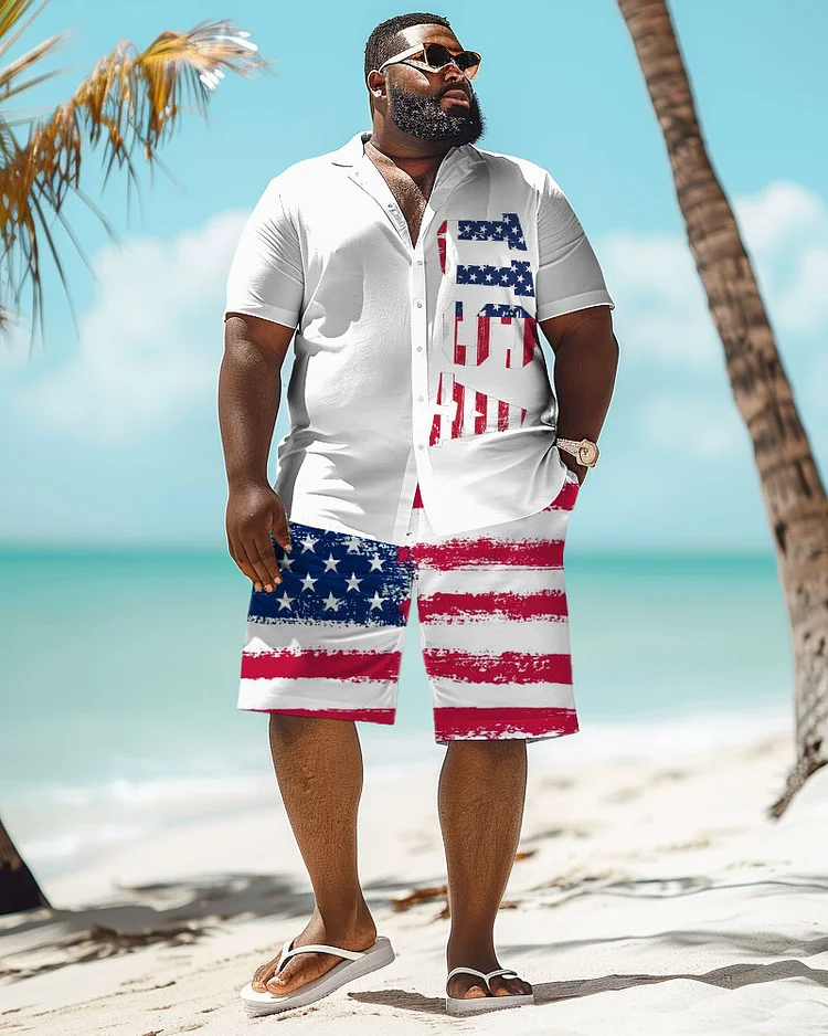 Men's Plus Size Independence Day Flag Gesture Print Short Sleeve Shirt Shorts Suit