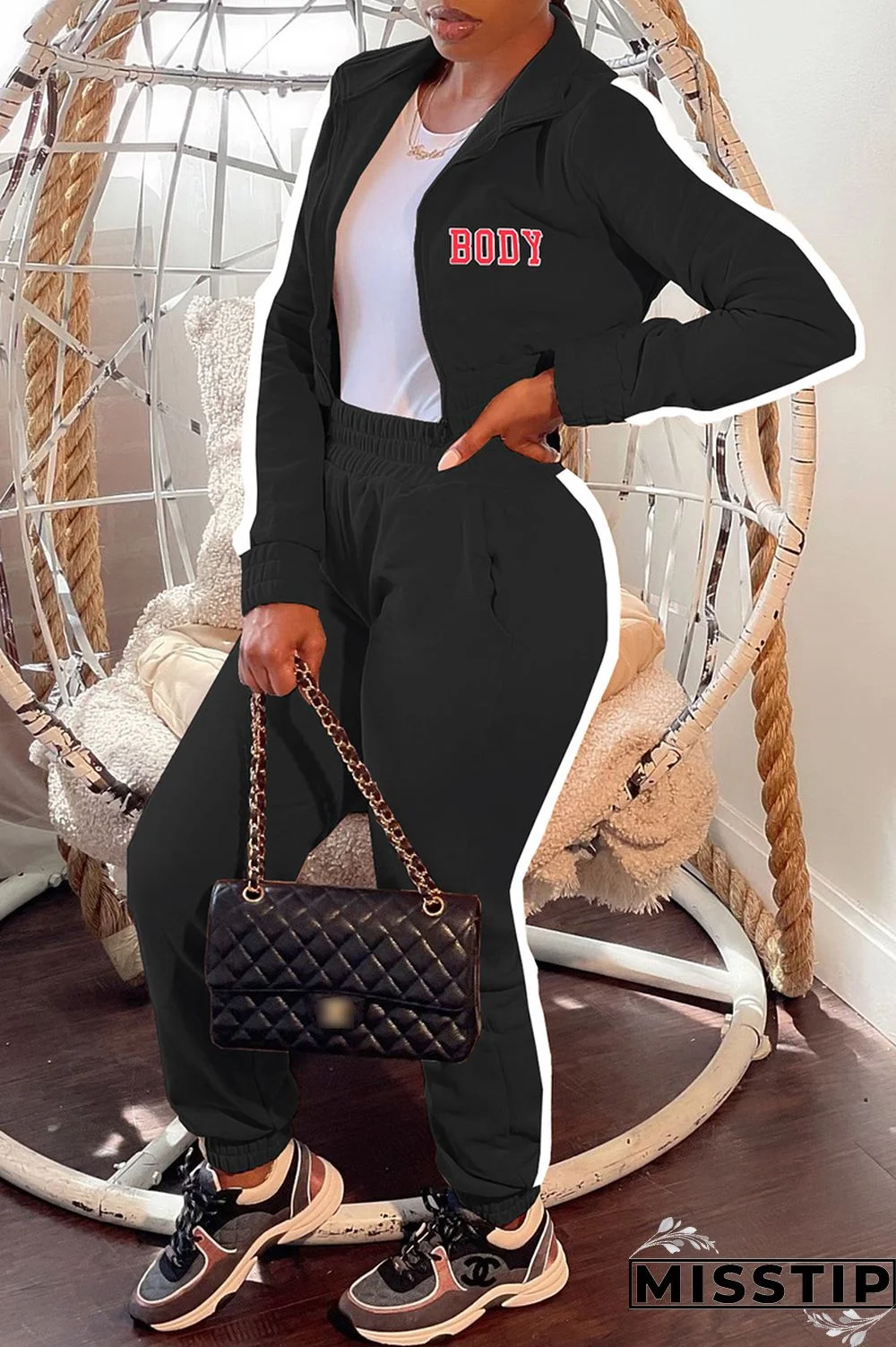 Blue Casual Letter Print Patchwork Zipper Collar Long Sleeve Two Pieces