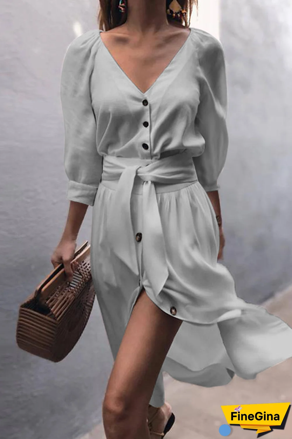 Elegant Solid Split Joint Buckle With Belt V Neck A Line Dresses