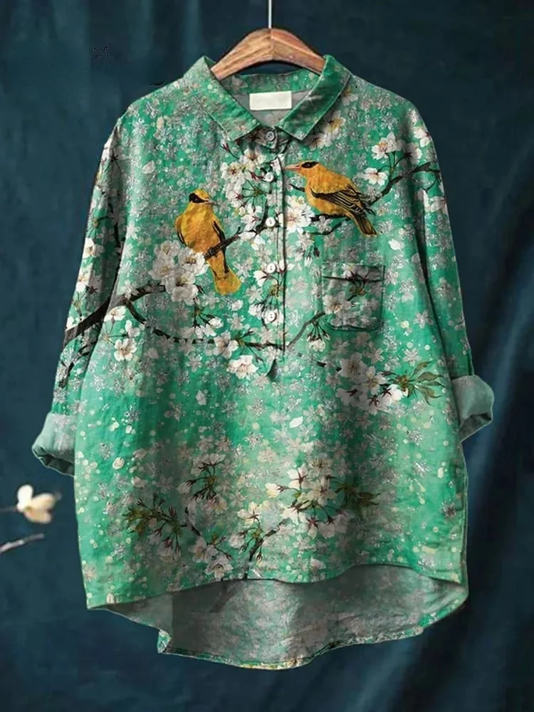 Vintage Lovely Birds Floral Art Print Casual Cotton And Linen Shirt
