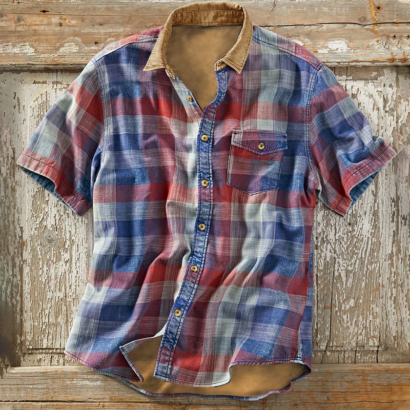 Vintage Check Print Men's Outdoor Tactical Short Sleeve Shirt、、URBENIE