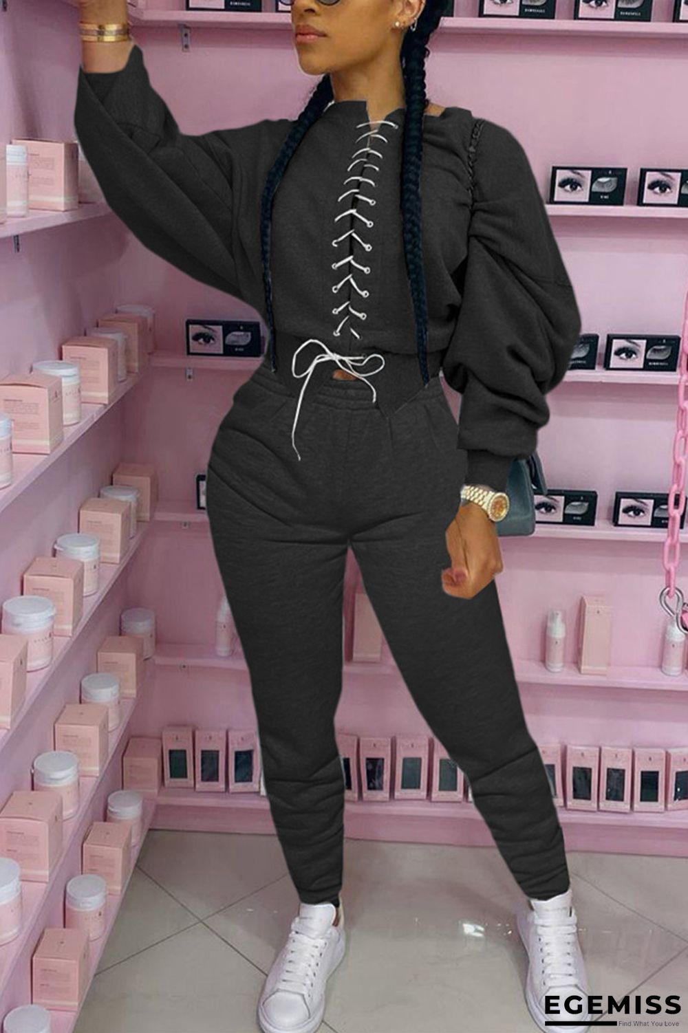 Black Fashion Casual Long Sleeve O Neck Regular Sleeve Short Two Pieces | EGEMISS