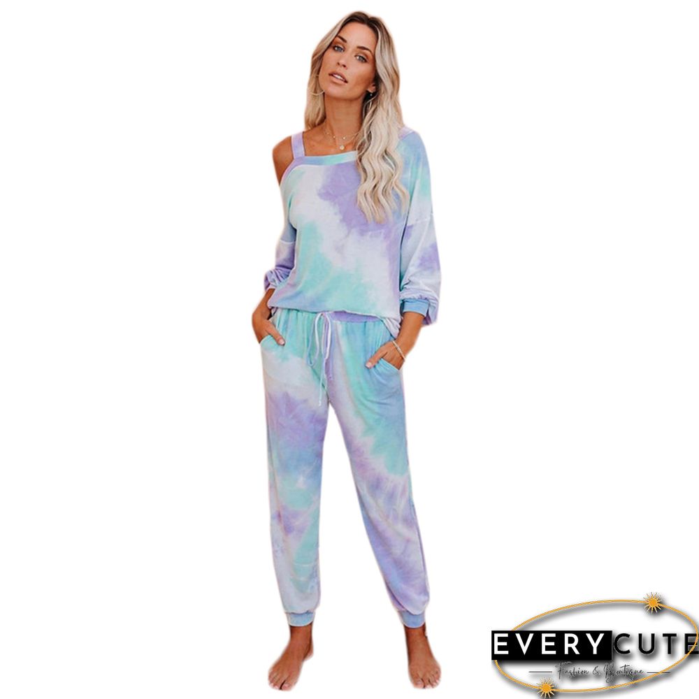 Light Blue Cold Shoulder Top With Pant Set Loungewear