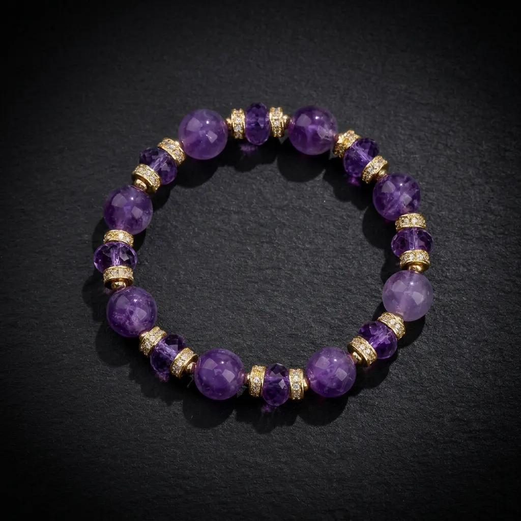 JiStones Celestial Amethyst Faceted Bead Bracelet with 14K Gold-Plated Pav&eacute; Accents Royal Purple Amethyst & Gold Pav&eacute;