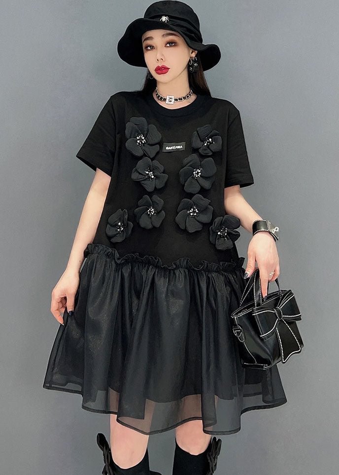 Italian Black Ruffled Tulle Patchwork Floral Cotton Mid Dress Short Sleeve