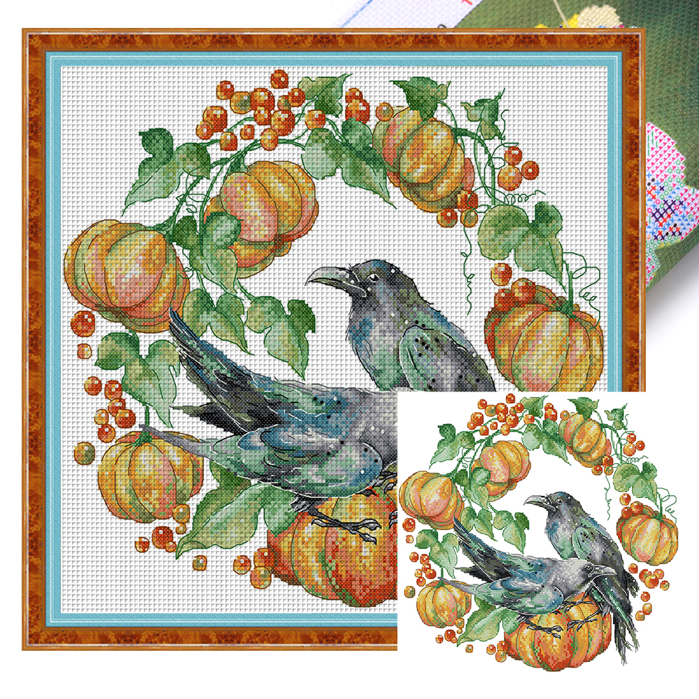 【Joy Sunday】Blue bird pumpkin wreath Partial 14CT Pre-stamped Canvas(36*34cm) Cross Stitch(backstitch)
