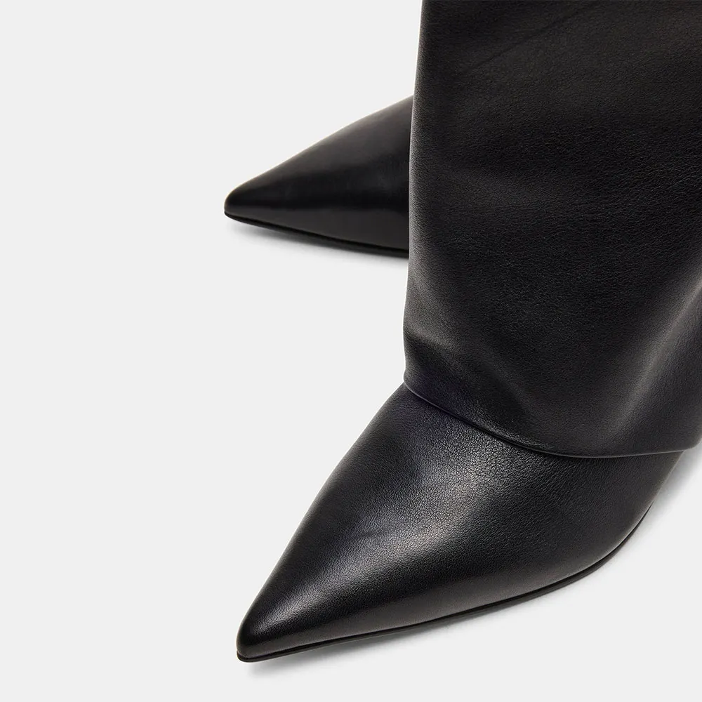 Black Faux Leather Pointed Toe Kitten Heel Knee High Boots for Women