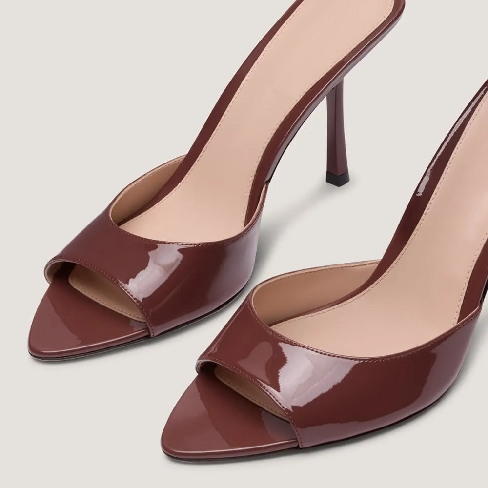 Brown Patent Leather Open Toe Slip On Stiletto Heel Mules Sandals