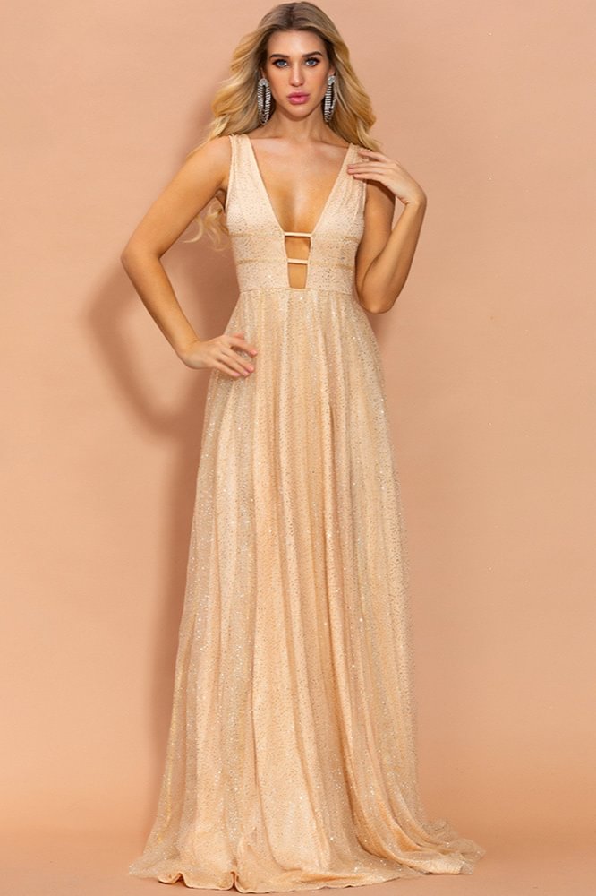 gold sequins sleeveless long prom dress