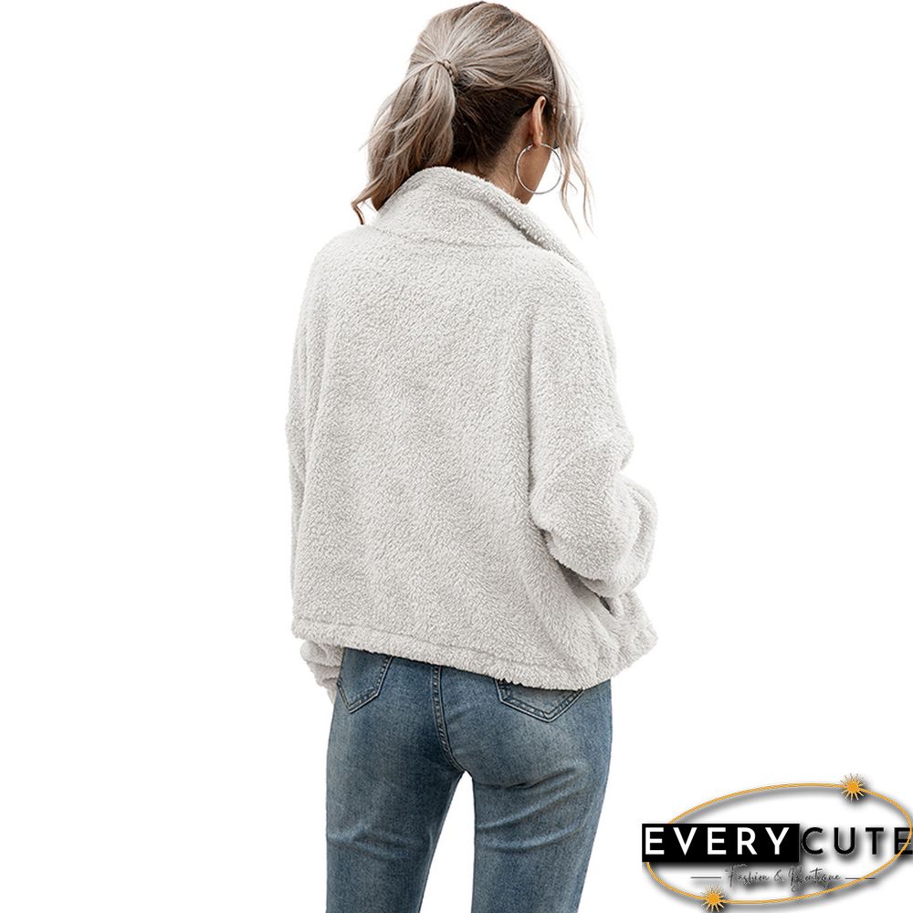White Zipper Up Double-side Fleece Coat