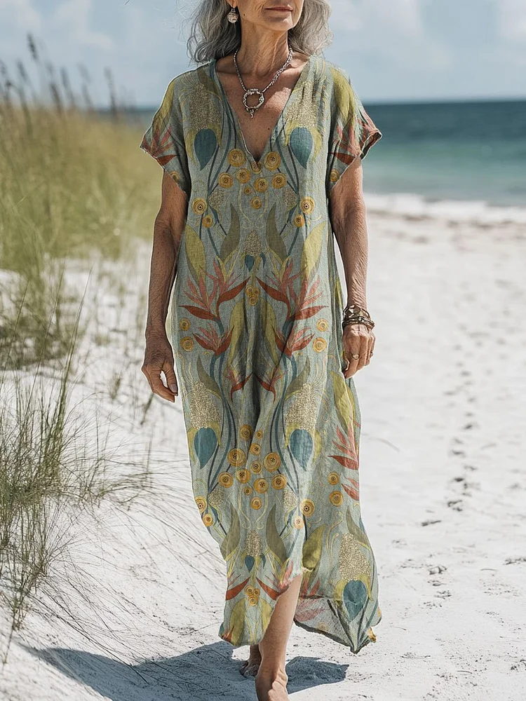 Women's Vintage Colorful Flower Art Print Pocket Cotton Dress