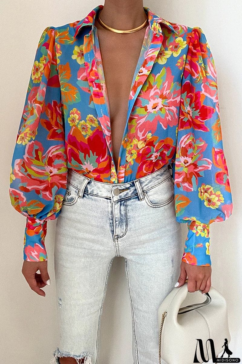 MidiSono - Elegant Floral Patchwork Turndown Collar Tops