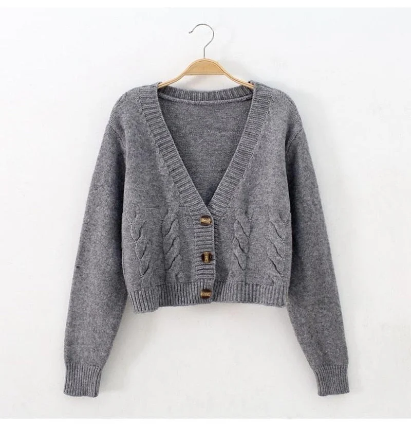 Winter Single-breaste Knit Cardigan Sweater All-match Vintage Women Jacket Autumn Short High Waist Solid Sweater Top Femme 17287