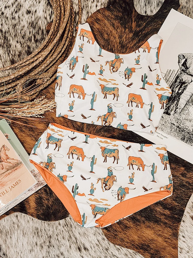 Vintage Cowboys & Cows Print Bikini