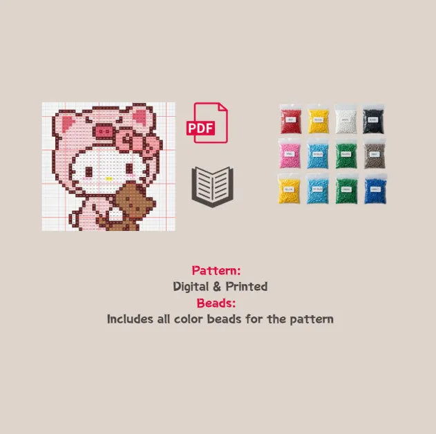 Pig Kitty Pixel Pattern Fuse Bead Kit  | Cute DIY Fuse 1072 Beads Set