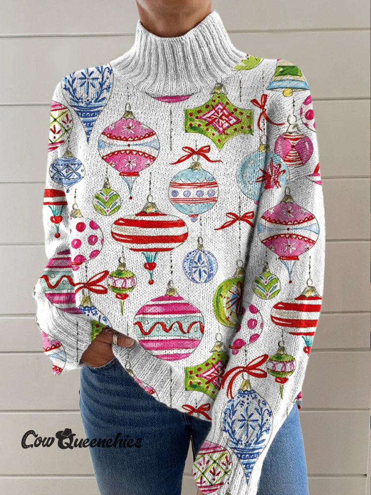 Vintage Christmas Ornaments Art Print Knit Turtleneck Pullover Sweater Multicolor / S