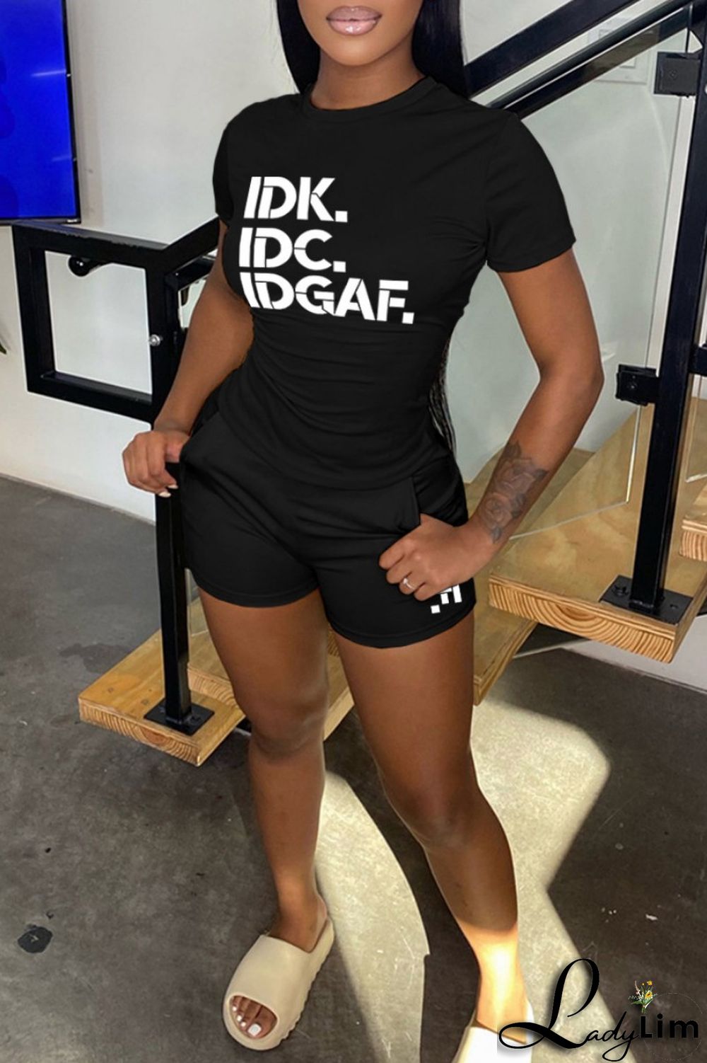 Black Casual Letter Print Basic O Neck Short Sleeve Two Pieces