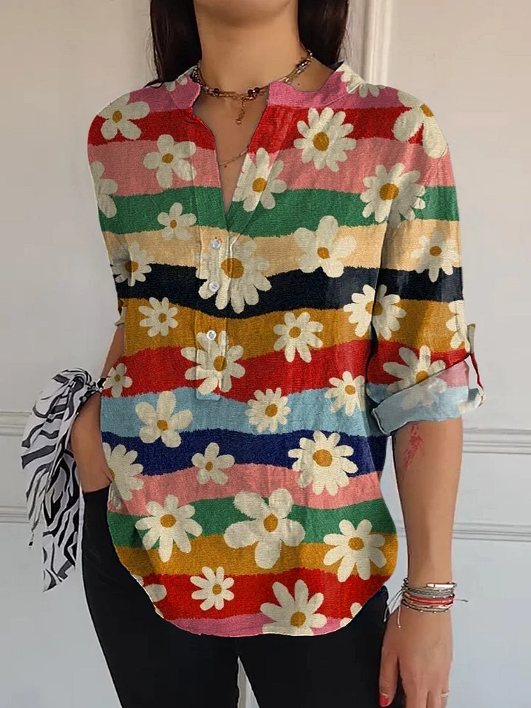 Retro Daisy Floral Pattern Printed Women's  Print Casual Long Sleeve Comfortable Cotton Shirt