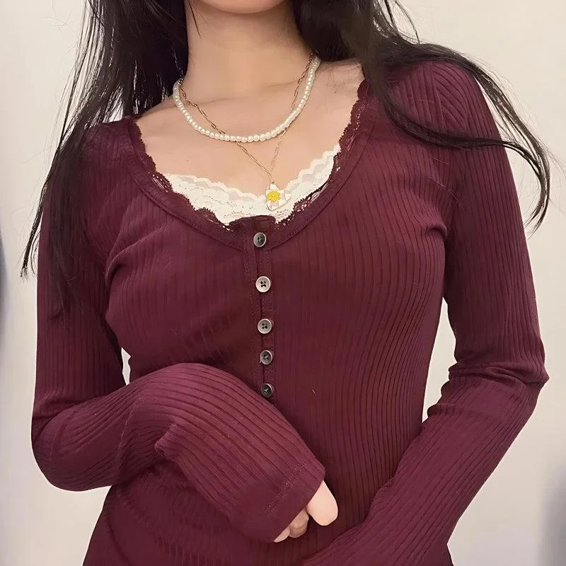 Brownm Lace Trim Top