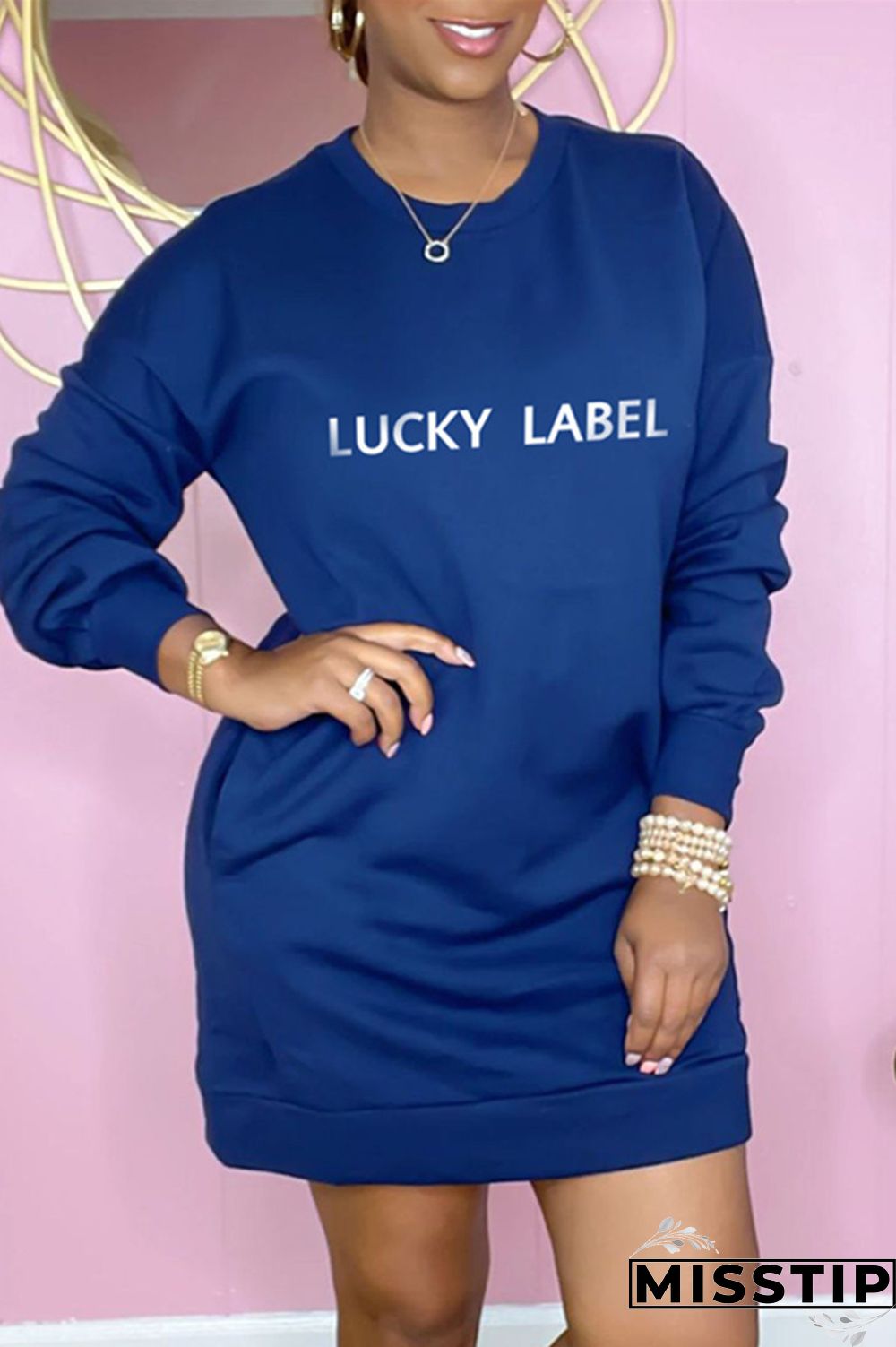 Deep Blue Fashion Casual Letter Embroidered Basic O Neck Long Sleeve Dresses