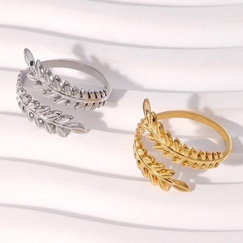 Vintage Style Minimalist Leaves 304 Stainless Steel 18K Gold Plated Plating Open Ring