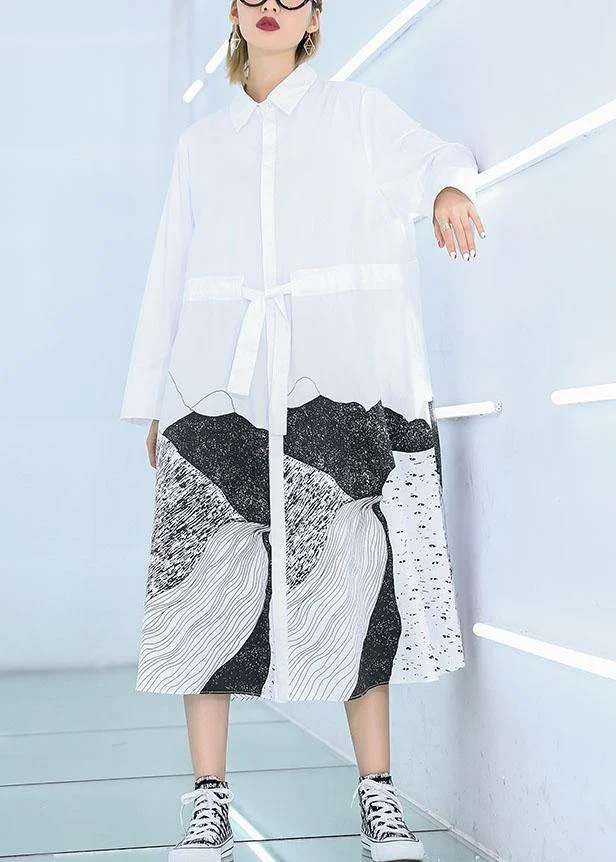 French white print cotton clothes Women lapel patchwork loose Dress