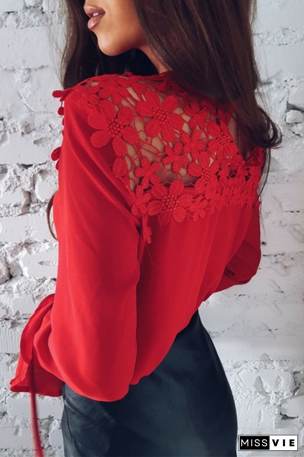 Lace Patchwork Chiffon Solid Blouse