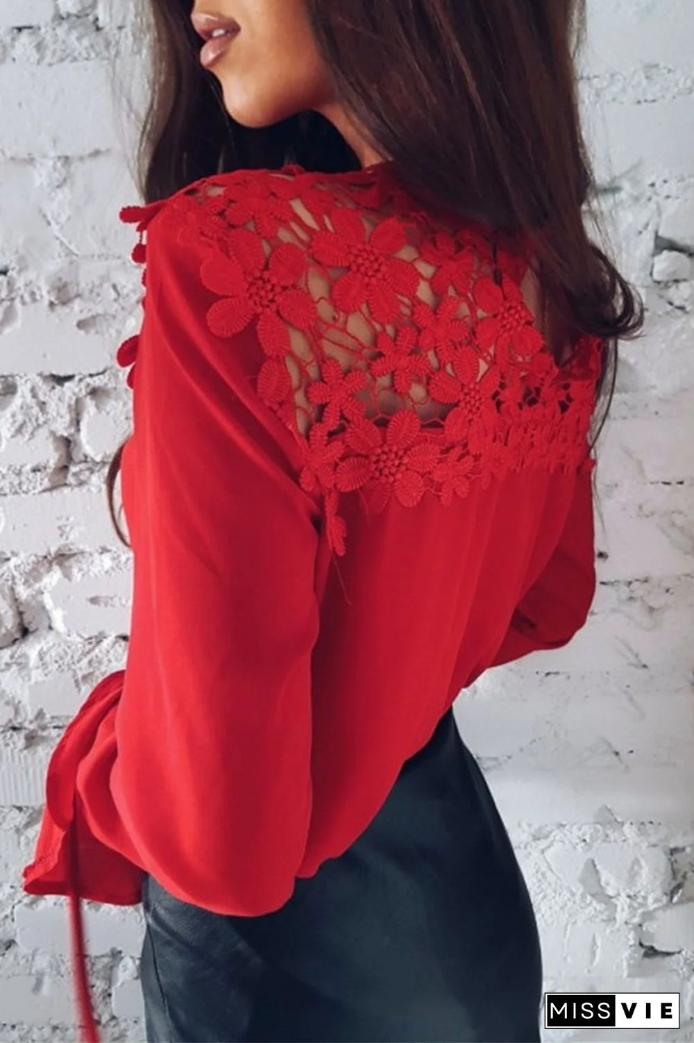 Lace Patchwork Chiffon Solid Blouse