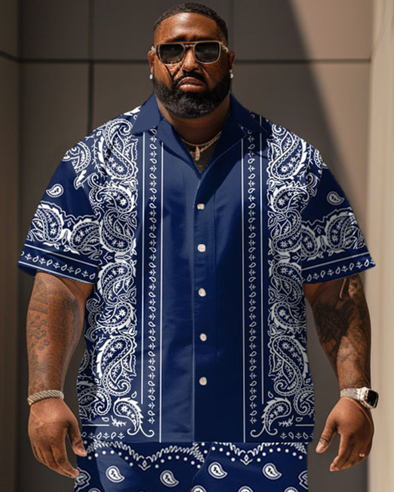 Men's Big and Tall Casual Vacation Vintage Paisley Print Shirt Shorts Set
