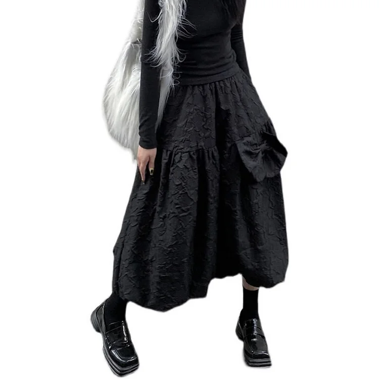 Stylish Black Wrinkled Bow Decor Puff Skirt