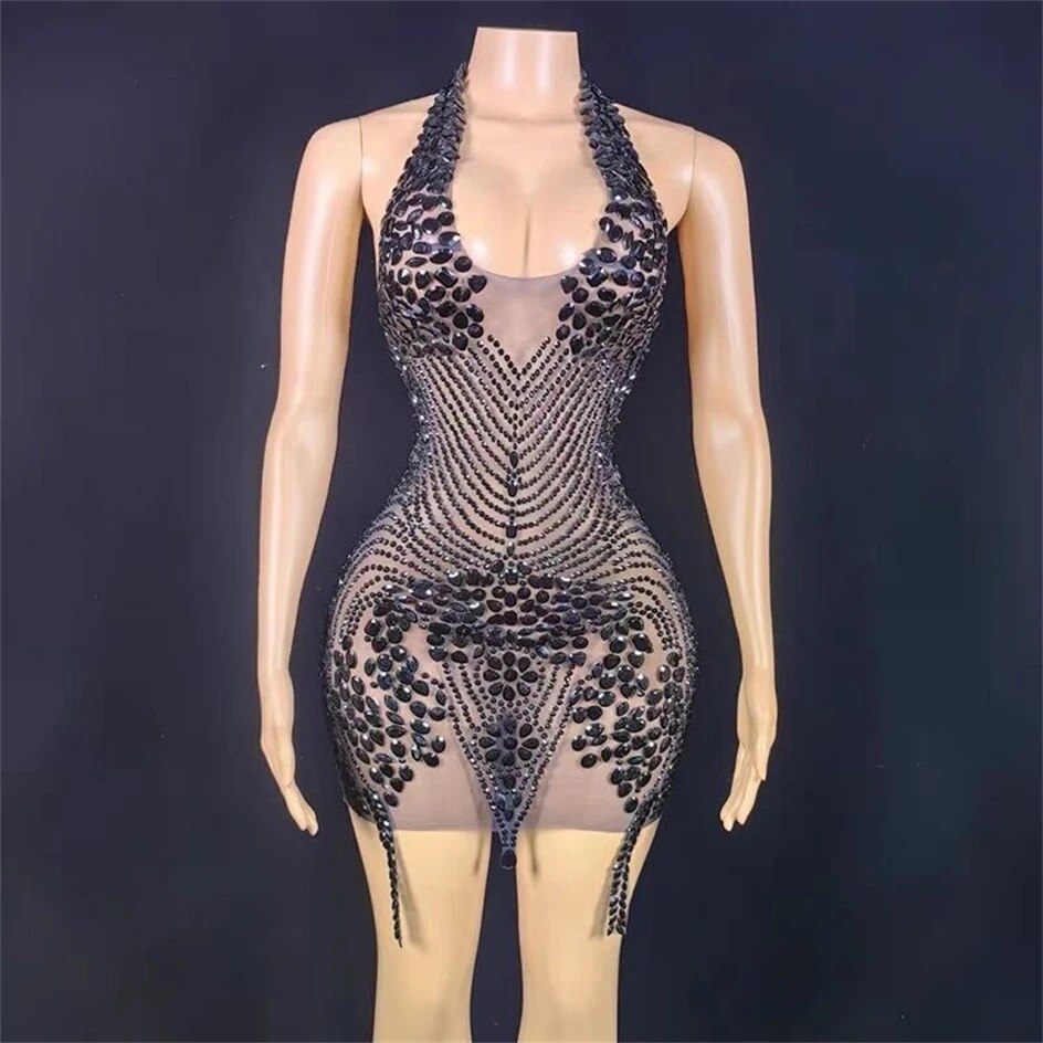 Flashing Rhinestone Green Halter Backless Transparent Sheath Mini Dress Birthday Celebrate Costume Women Dancer Prom Outfit