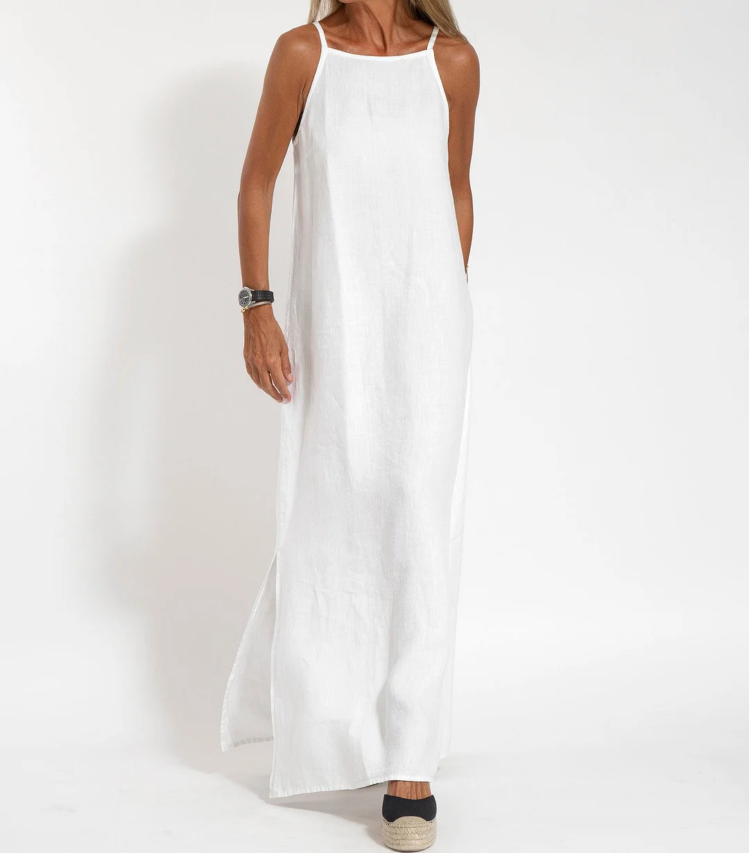 Elegant Solid Color Cotton Linen Sleeveless Long Dress