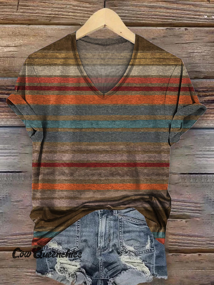 Retro Stripe Printed Casual V Neck T-Shirt Multicolor / S