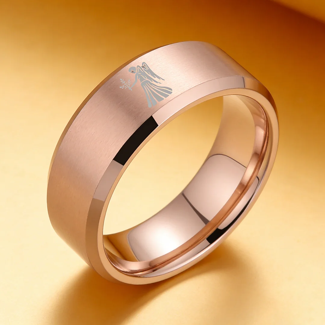 Beveled Edges Rose Gold Laser Etched Tungsten Carbide Rings Rose Gold Virgo Couple Wedding Band 4MM 6MM 8MM Width