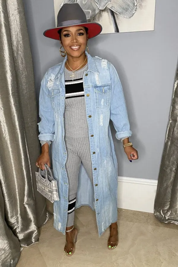 Distressed Long Denim Jacket main image 1