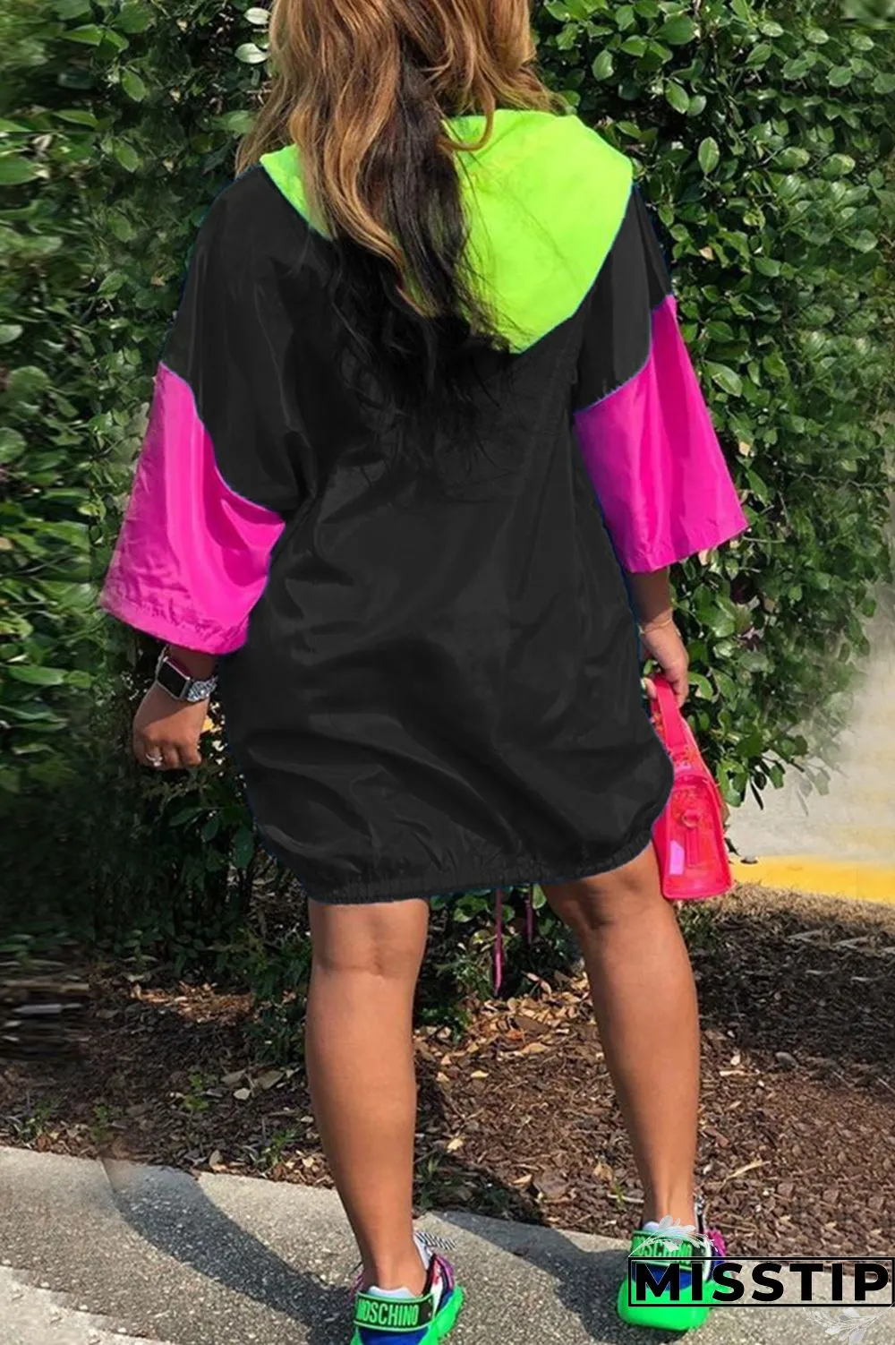 blue and green and Rose-carmine OL hooded Patchwork Solid Stitching Plus Size