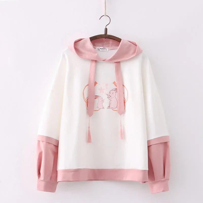 Colorblock Bunny Sakura Print Loose Hoodie