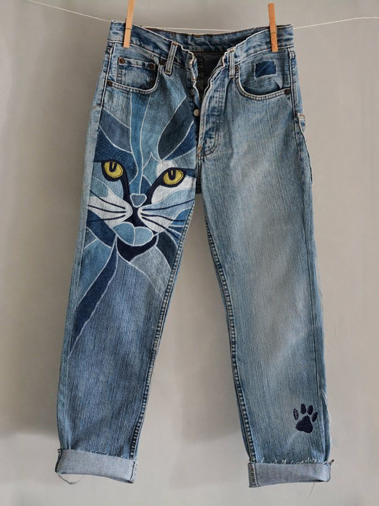 Cat Face Geometric Patchwork Paw Print Embroidered Washed Jeans
