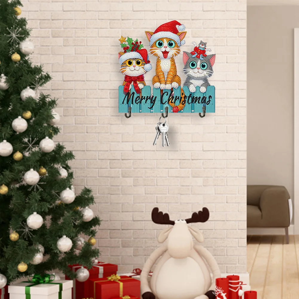 DIY Christmas Cat Wooden Christmas Diamond Art Hanging Hooks Home Decor