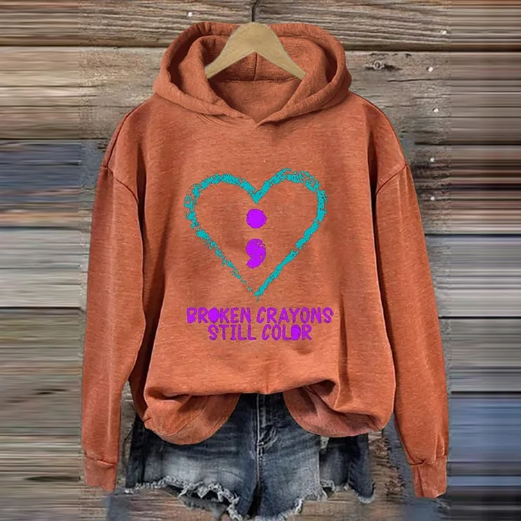 Broken Crayons Still Color Suicide Prevention Print Casual Long Sleeve Hoodie