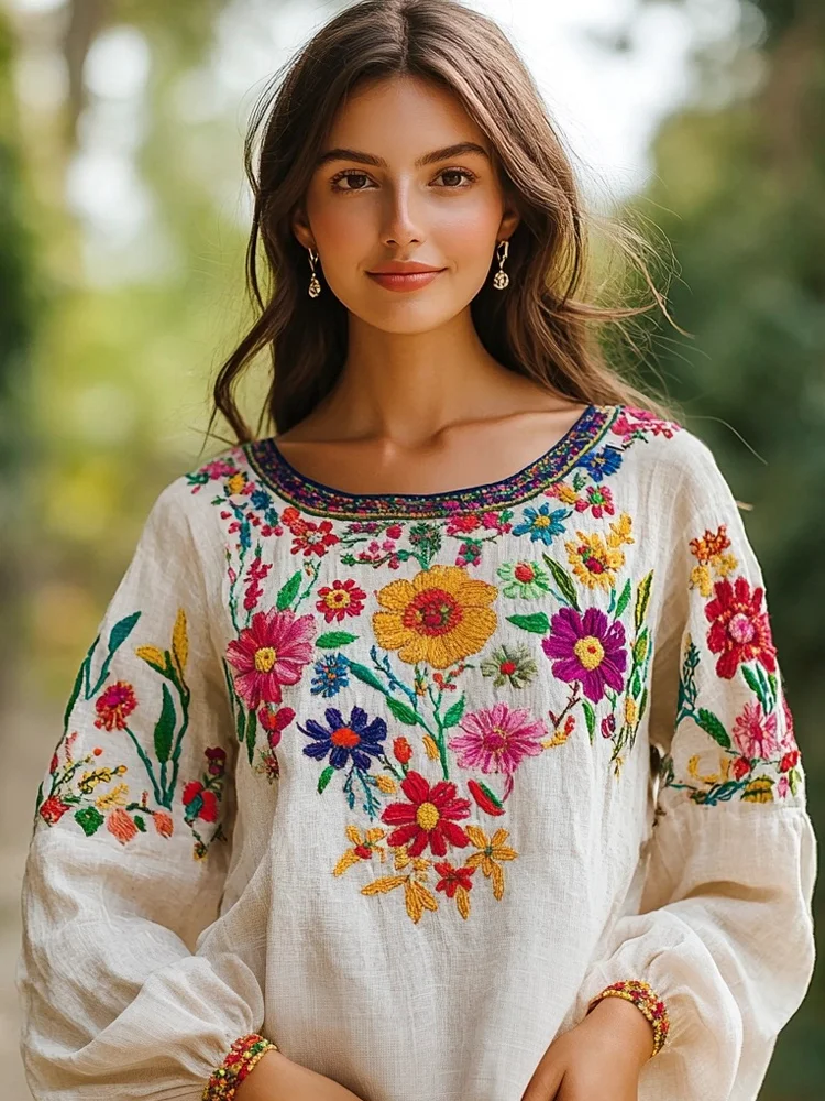 Lunivibe Bohemian Floral Embroidered Vacation Women's Linen Shirt