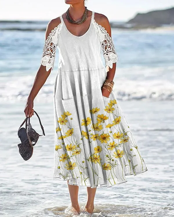 V-Neck Casual Sexy Lace Off-the-Shoulder Midi Dress